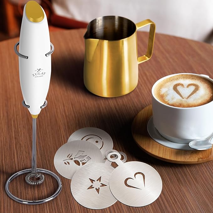 Zulay Premium Gift Milk Frother Set – Handheld Coffee Frother with Stand, 12oz/350ml Frothing Pitcher + 4 Latte Art Stencils – 13,000 RPM Motor, SS Whisk, Battery Operated – Barista Kit (White Gold)