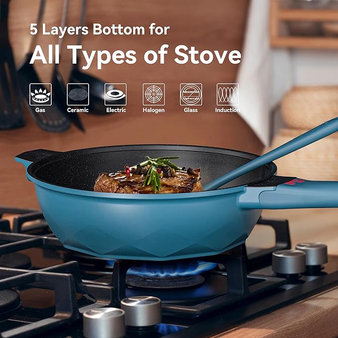 TIBORANG 8 in 1 Multipurpose 11 Inch 5 Quart Heat Indicator Nonstick Deep Frying Pan with Glass Lid,Steamed Grid,PFOA-Free,Dishwasher&Oven Safe,Works with All Stovetops (Dark Teal)