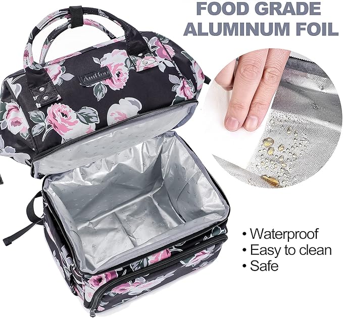 AmHoo Insulated Lunch Box Cooler Backpack Waterproof Leak-Proof Lunch Bag Tote for Men Women Hiking Beach Picnic Trip with Strongest YKK Zipper Rose Flower Pattern