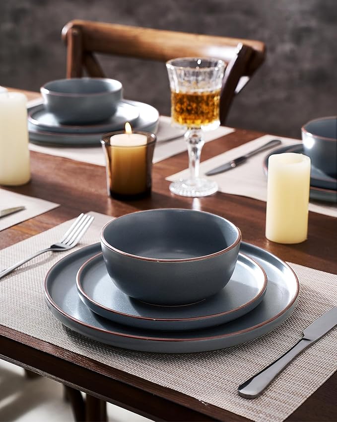 Famiware Mercury Plates and Bowls Sets, 18 Pieces Stoneware Dinnerware Sets, Dishes Set for 6, Microwave and Dishwasher Safe, Charcoal
