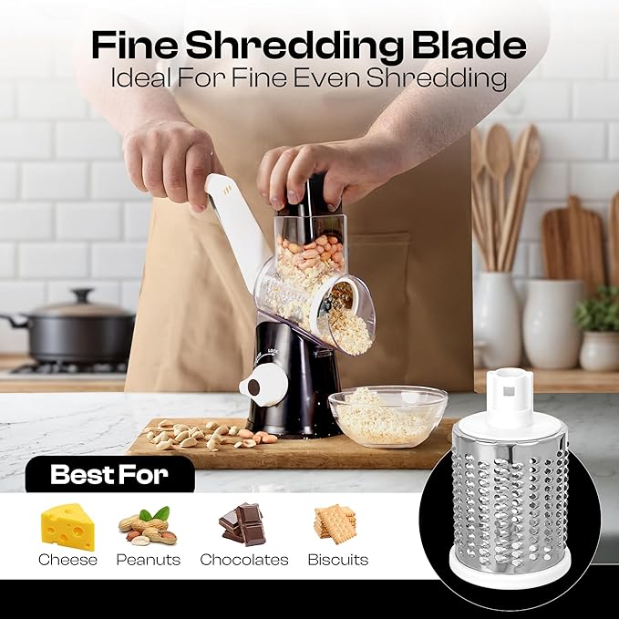 Rotary Cheese Grater Hand Crank - Cheese Shredder Hand Crank with Handle, Vegetable Shredder with 3 Stainless Steel Blades & Strong Suction Base – Round Slicer & Food Chopper for Kitchen
