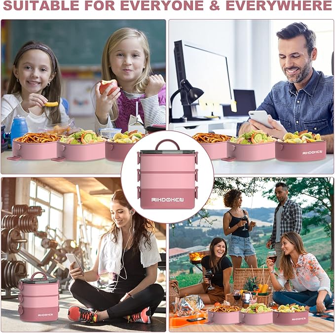 Lunch Box, Stackable 3 Layers Containers, Portable 94OZ Large Capacity Leakproof Bento Box with Spoon & Fork & Sauce Boxes, Microwave Safe Lunch Box for Kids and Adults