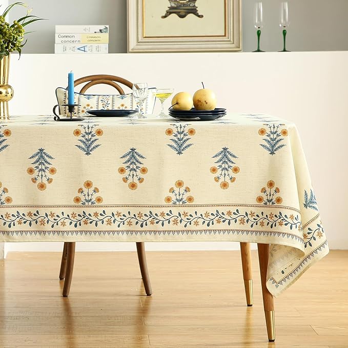 ISAENNE Designer French Pale Yellow Long Tablecloth Rectangle,Linen Floral Table Cloth,Wrinkle Resistant Decor Tablecloths for Dining Thanksgiving Banquet Kitchen Party,63"*102"-Estevan A