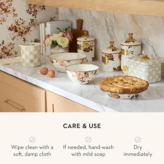 MACKENZIE-CHILDS Enamel Canister, Kitchen Storage Container with Lid, Large, Wild Rose White