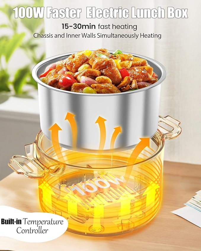Buddew 100W Electric Lunch Box, 34-Ounce Portable Food Warmer for Work/Office/Car/Travel 12V/24V/110V, with Folding Spoon&&Fork, Built-in temperature controller, Ideal Gift for Men and Women (White)
