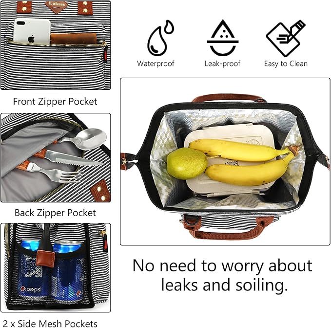 LOKASS Lunch Bag Insulated Lunch Box Wide-Open Lunch Tote Bag with Removable Shoulder Strap for Women/Men Adults Work Picnic Beach Travel(Stripes)