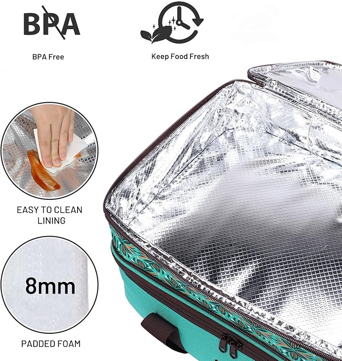 MIER Insulated Double Casserole Carrier Bag Thermal Lunch Tote for Lasagna Lugger, Potluck Parties, Picnic, Beach, Fits 9 x 13 Inches Baking Dish, Casserole Dish, Expandable by Mid Zipper, Teal