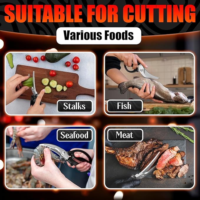 Chicken Shears – Stainless Steel Heavy Duty Poultry Shears | Meat, Vegetables, Seafood | Fish Scale Remover & Bone Scissors | Non-Slip Serrated Saw-Like Edge, Safety Lock & Spring-Loaded Mechanism