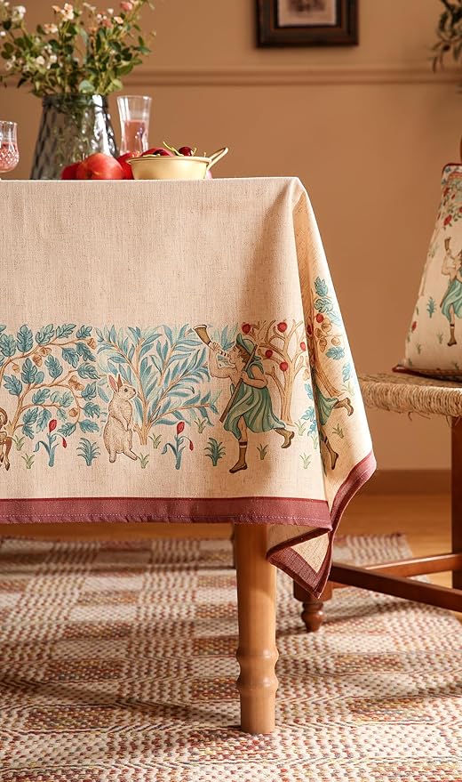 patdrea Designer French Beige Long Tablecloth for Rectangle Table,Vintage Breathable Linen Trees Pattern Table Cloth,Decor Cover for Kitchen Dining Christmas,Thanksgiving,63"x94"-Tatiana D