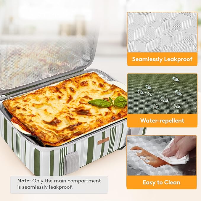 LUNCIA Insulated Casserole Carrier for Hot or Cold Food, Lasagna Lugger Tote for Potluck Parties/Picnic/Cookouts, Fits 9"×13" Baking Dish, Dark Green