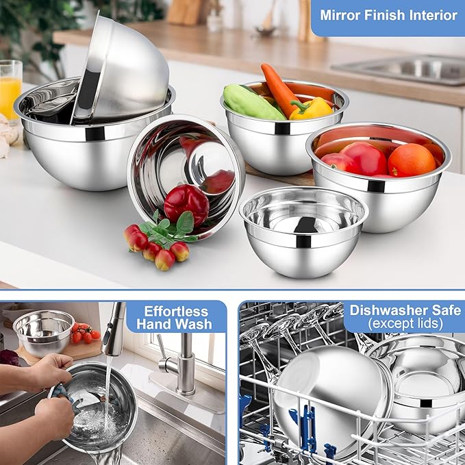 LIANYU Stainless Steel Mixing Bowls Sets of 6, Large Metal Nesting Bowl Sets for Home Kitchen, 7, 3.5, 2.5, 2, 1.5, 1QT Size with Transparent Airtight Lids, Dishwasher & Freezer Safe, Black