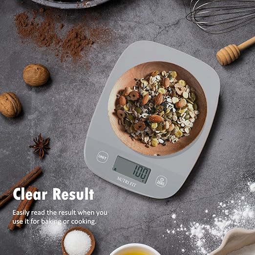 NUTRI FIT Food Scale Kitchen Scales Digital Weight Grams and Ounces for Baking Cooking, Weighing Scale Portion Control, Max 11lb 1g Increment 6 Units Smart Tare Hanging Storage, Gray