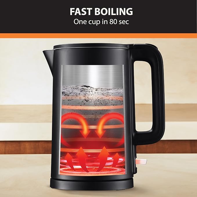 KRUPS 1.5L Electric Kettle Stainless Steel Cool Touch Interior, Fast Boiling, One Cup in 80 Seconds, Double Wall, Auto Off, Keep Warm, Hot Water Kettle Electric, Cordless, Black