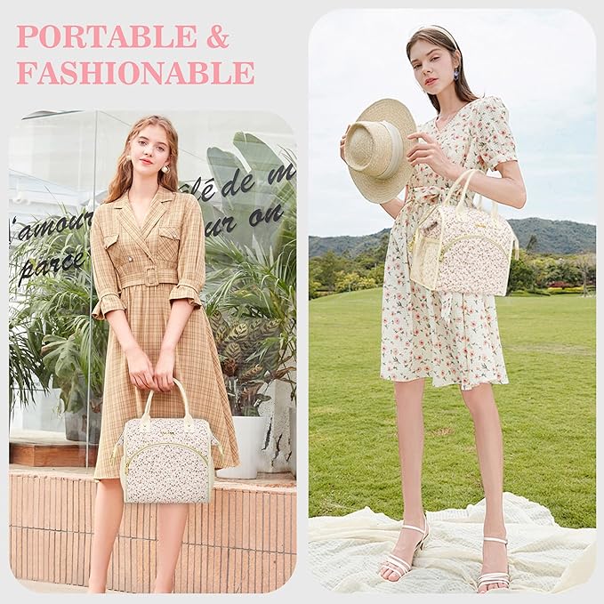 LOKASS Insulated Lunch Bag Women- Reusable 10 L Lunch Box for Women - Leakproof Tote Cooler Bag for Adults Work, Beach, Travel, Picnic （White Small Florals）