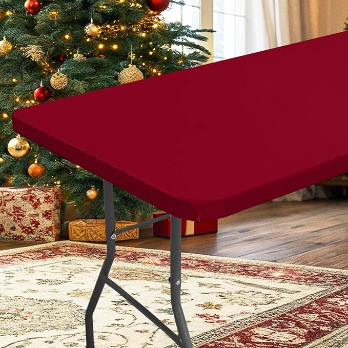 homing Rectangle Table Cloth Cover, Waterproof Polyester Elastic Fitted Tablecloth, Fits for 8 Foot Folding Tables, Washable Table Protector for Picnic, Camping, Outdoor (Wine Red, 30" x 96")