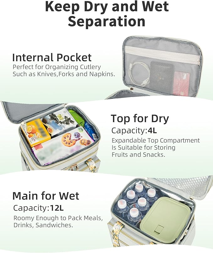 HSHRISH Lunch Box for Women, Double Deck Expandable Insulated Large Lunch Bag Women Leakproof Lightweight Lunch Cooler Bag Durable Lunchbox for Work Outdoor Travel, Green