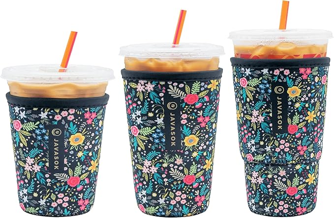 Sok It JavaSok Iced Coffee & Cold Soda Insulated Neoprene Cup Sleeve (English Garden Picnic, S/M/L 3-Pack)