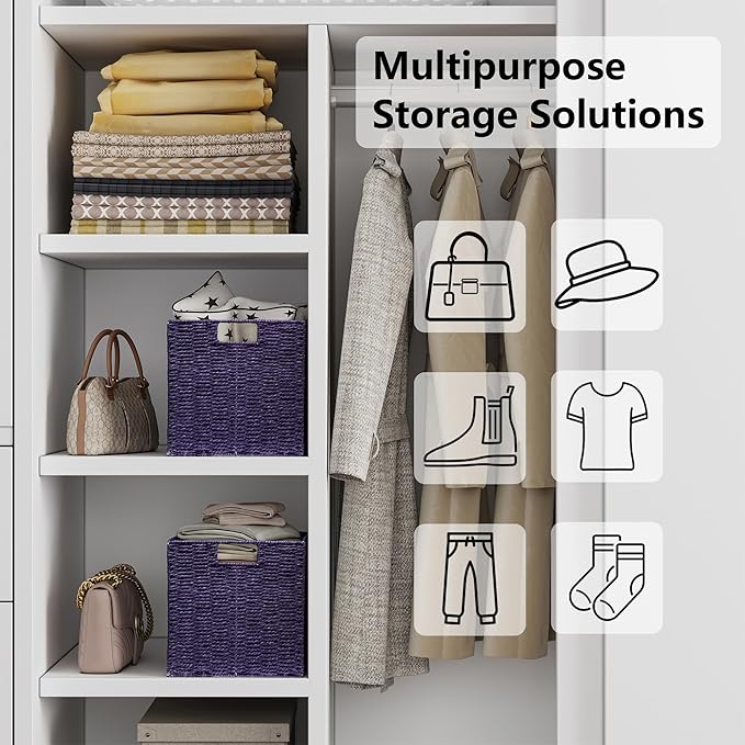 Vagusicc Wicker Storage Basket, Set of 2 Hand-Woven Paper Rope Wicker Basket, Foldable Cube Storage Bins, 9 inch Square Storage Baskets for Organizing Shelves & Decor, Purple (9″×9″×9″)