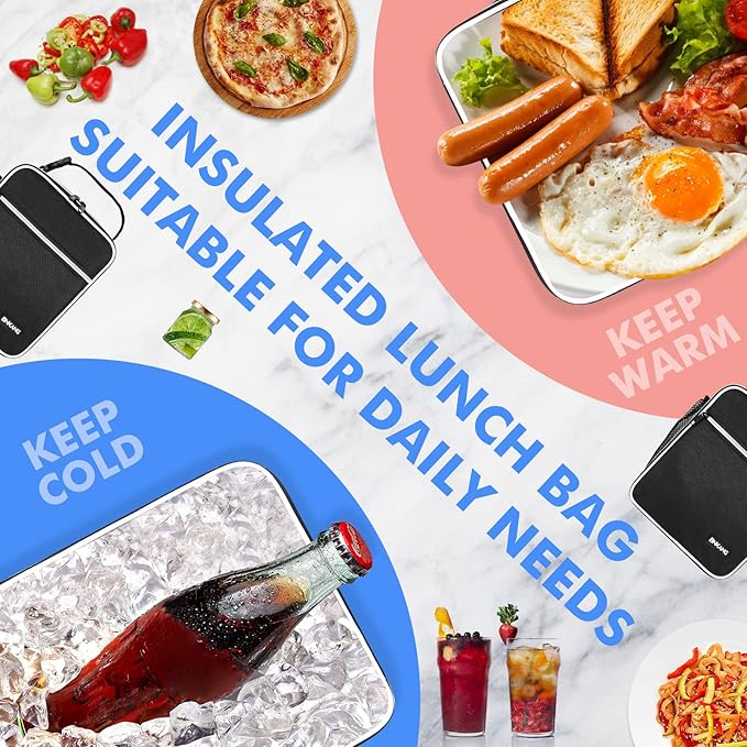 Lunch Box Insulated Lunch Bag - Durable Small Lunch Bag Reusable Adults Tote Bag Lunch Box for Adult Men Women (Black with White)
