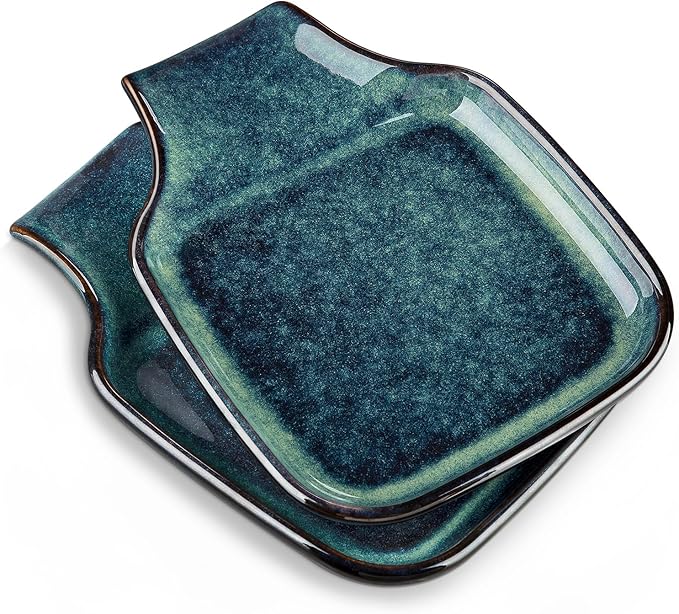 vancasso Stern Spoon Rest for Kitchen, Square Ceramic Spoon Holder for Stove Top, Heat Resistant Utensil Rest for Countertop, Dishwasher Safe, Kiln Green, 2 Pack