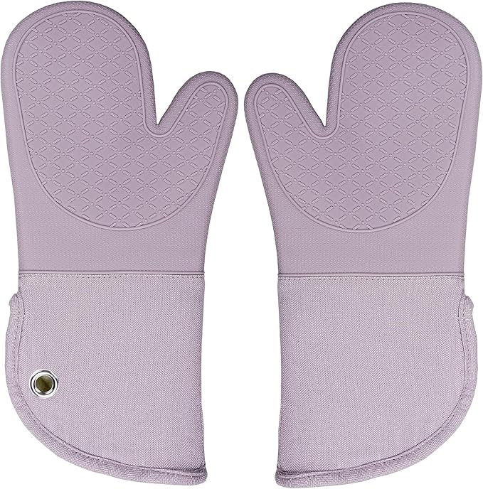 Professional Microwave Silicone Oven Mitts one Pair, Kitchen Mitten Set for Heat Resistant with 500 Degrees, Kitchen Gloves Pot Holder for BBQ Cooking Baking (Purple)