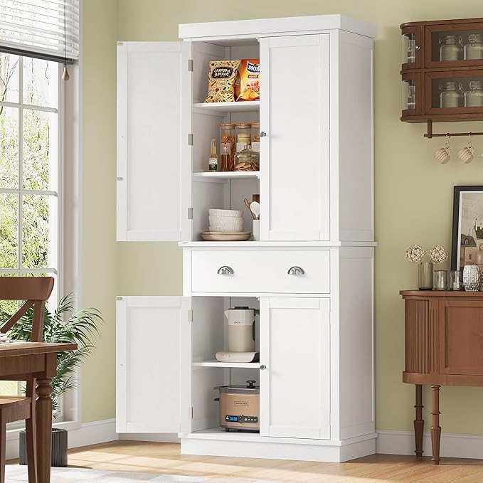 FOTOSOK 72 Kitchen Pantry Storage Cabinets with Drawer, Freestanding Cupboard with 4 Doors, Drawer, 4 Shelves, Utility Pantry Cabinet for Kitchen, Dining Room, Living Room, White HPB-209