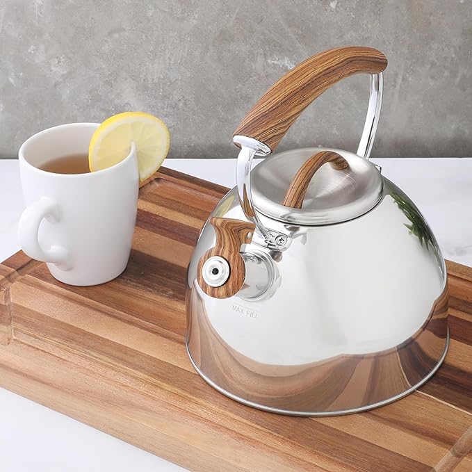 Mr. Coffee Fremont Large 2-Quart Stainless Steel Whistling Tea Kettle with Wood Handle – Durable Stove-Top Kettle for Boiling Water