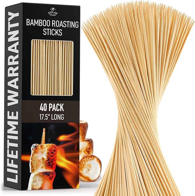 Zulay Kitchen Authentic Bamboo Marshmallow Smores Sticks - 40 Extra Long 17.5" Roasting Skewers - 5mm Heavy-Duty Bamboo - Thick Smore Sticks - Ideal for Grilling & Camping