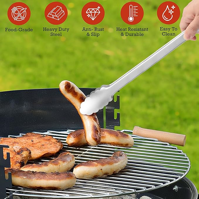 Grill Tongs - 12 Inch & 17 Inch Extra Long BBQ Tongs, Heat Resistant Stainless Steel Kitchen Tong, Heavy Duty Metal Locking Tong for Cooking, Grilling, BBQ/Barbecue, Food (12+17 inch)