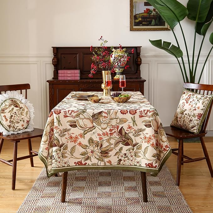 ISAENNE Designer Bohemian Linen Long Rectangle Tablecloth,Colorful Floral Pattern Table Cloth,Wrinkle Resistant Decorative Tablecloths for Dining Thanksgiving Kitchen Party,63"*94"-Grace A