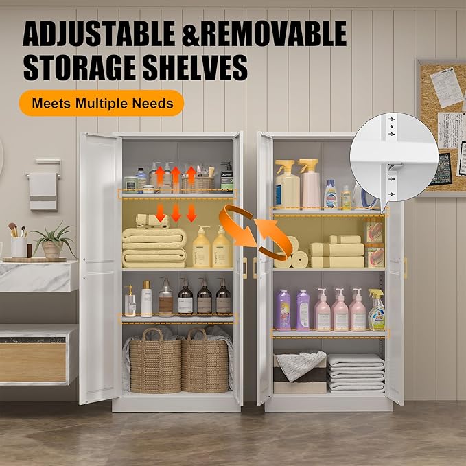 60" Tall Kitchen Pantry Storage Cabinet with Doors and 3 Shelves, Metal Storage Cabinets, White Kitchen Cupboard with Gold Handles, Utility Large Food Cabinet for Pantry, Living Room, Dining