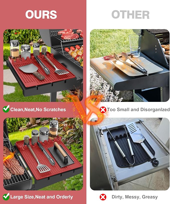 Silicone Griddle Tools Mat for Blackstone - Large Silicone Spatula Mat with Drip Pad - Griddle Mats BBQ Grill Accessories - Side Shelf Mats Grill Pad for Blackstone Griddles Accessories (red)