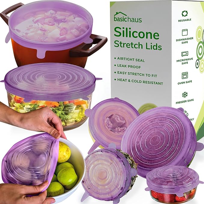Reusable Silicone Stretch Lids for Food Storage in Fridge - Elastic Heat-Resistant Bowl Covers, Cups, Cans, Jars - Universal Food Grade Lid - Dishwasher Safe -7 Pack-Lavender Bloom Stretchy Lid Set