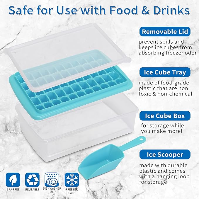 Ice Cube Tray with Lid and Bin for Freezer, Easy Release 55 Nugget Ice Tray with Cover, Storage Container, Scoop. Perfect Small Ice Cube Maker Tray & Mold. Flexable Durable Plastic, BPA Free