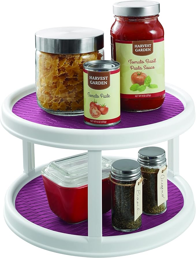 Copco Non-Skid 2 Tier Pantry Cabinet Lazy Susan Turntable, 12-Inch, White/Purple