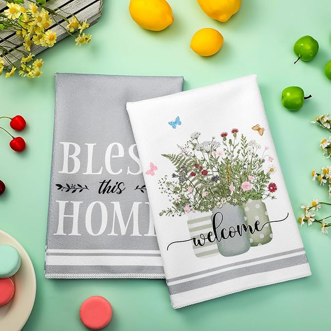 Boyiee Set of 6 Floral Kitchen Towels Wildflower Dish Towels Butterfly Truck Tea Towels 24 x 16 Inches Absorbent Hand Towels Flower Lover Housewarming Gifts for Farmhouse Kitchen Bathroom Decorations