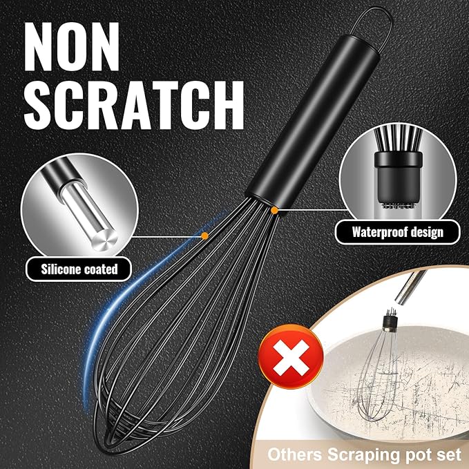 Maxjoy Silicone Whisk with Stainless Steel Wires - Balloon Egg Beater for Whisking, Stirring & Frothing, Heat Resistant Non Scratch 11 Inch Black