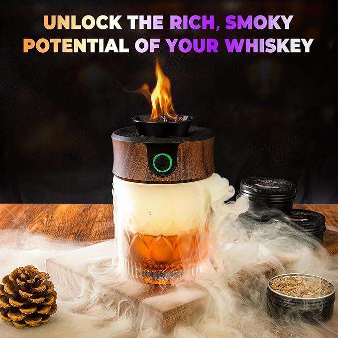 Electric Whiskey Smoker Kit, Luxurious Wooden Box, Heartfelt Father's Day Gifts, with 4 Wood Chips, Torch, Ice Molds, Recipe, Stones, Old Fashioned Bourbon Cocktails Smoker, Gifts for Men (No Butane)