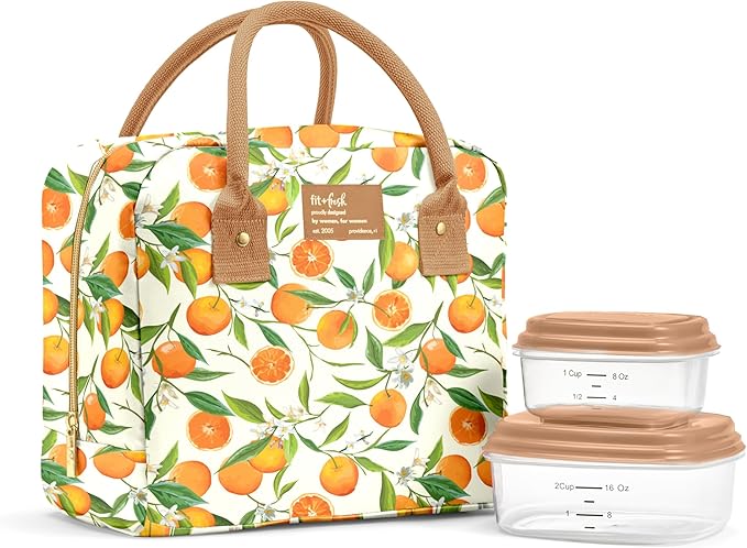 Fit & Fresh Bloomington Lunch Bag for Women - Insulated Large Lunch Box for Work with Containers, Leak-Resistant, Stain-Resistant, Zipper Closure, Orange Blossoms