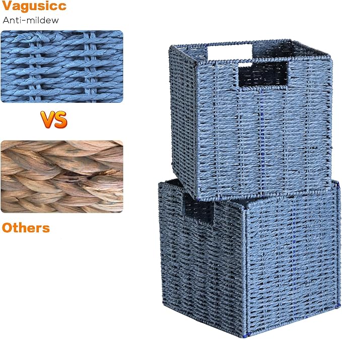 Vagusicc Wicker Storage Basket, Set of 2 Hand-Woven Storage Baskets for Shelves with Handles, Foldable Cube Storage Bins Organizer, Blue 13x13 Inch Large Wicker Baskets for Pantry Bedroom Decor, Blue