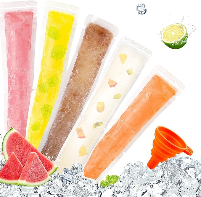 FEBSNOW 200 Disposable Ice Popsicle Bags BPA Free Freezer Tubes With Zip Seals For Snacks,Yogurt Sticks,Juice & Fruit Smoothies,Ice Candy Pops Comes With A Funnel (7.5"x2") (200, Transparent, 7.5"x2")