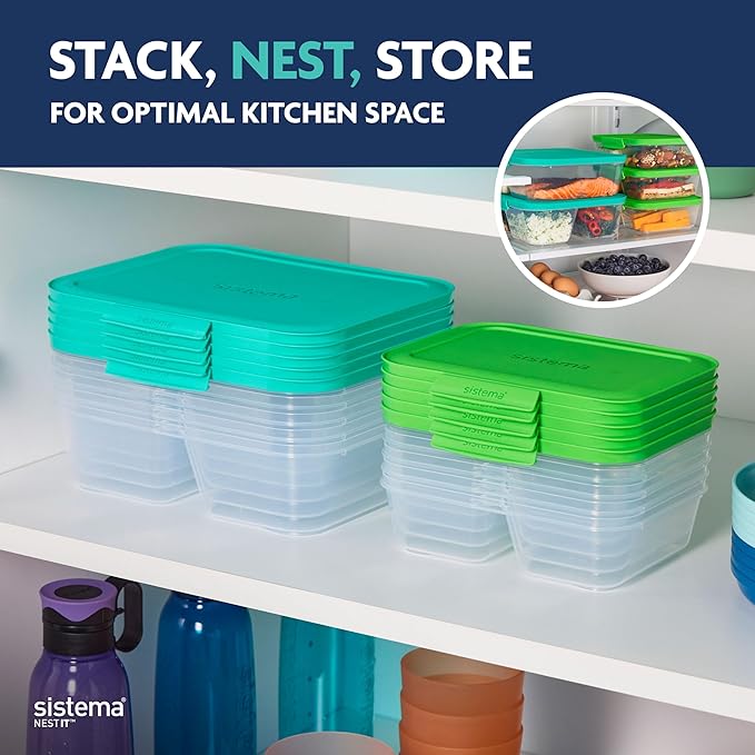 Sistema NEST IT Meal Prep Containers | 1.9 L | Airtight Food Storage Containers with Compartments & Lids | School Lunch Boxes | BPA-Free | Green | 5 Count