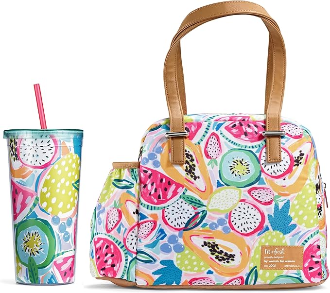 Fit & Fresh Lunch Bag For Women, Insulated Womens Lunch Bag For Work, Leakproof & Stain-Resistant Large Lunch Box For Women With Bottle Pocket, Long Straps, Zipper Closure Laketown Bag Fruit Tumbler