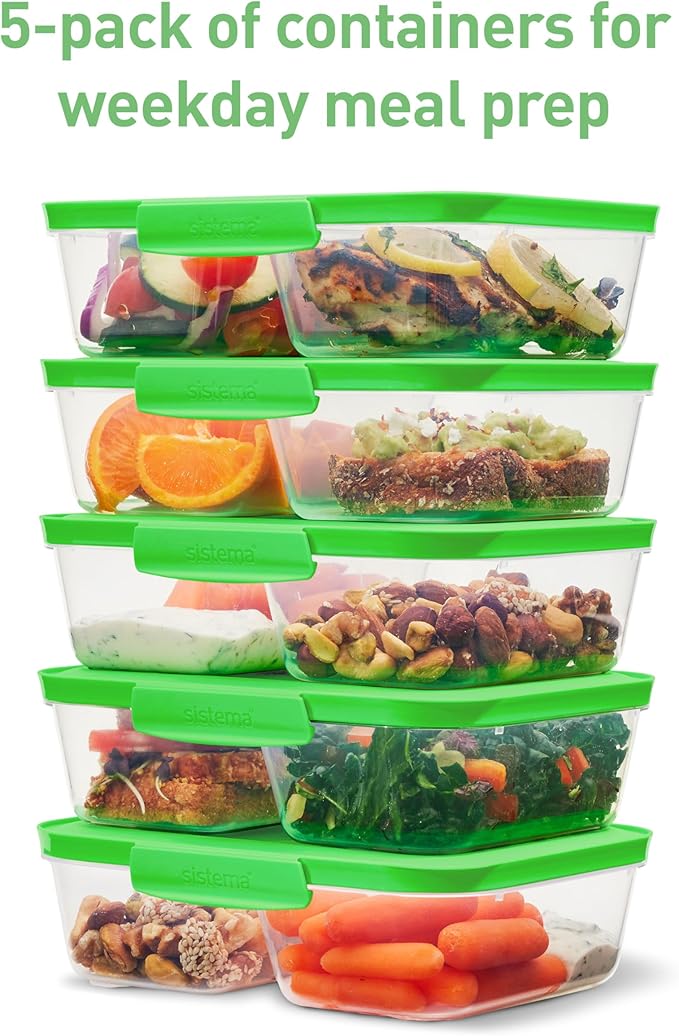 Sistema NEST IT Meal Prep Containers | 870 ml | Airtight Food Storage Containers with Compartments & Lids | BPA-Free | Green | Recyclable with TerraCycle® | 5 Count, White