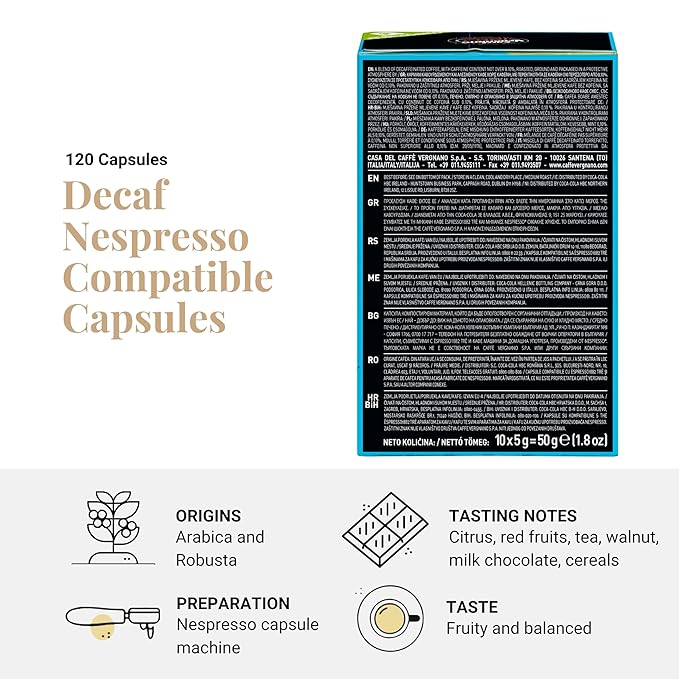 Caffè Vergnano Decaf Medium Roast Espresso Capsules – Original Line Compatible Pods – Arabica Robusta Blend, Intensity 5/10 – Italian Decaffeinated Coffee With Fruity Chocolate Notes – 120 Count