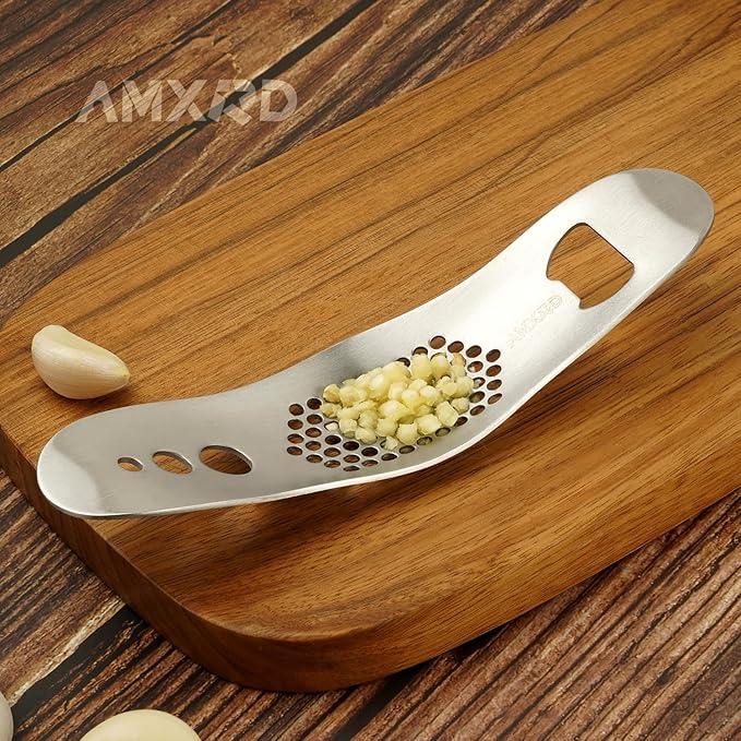 Garlic Press Rocker & Silicone Peeler, Stainless Steel Garlic Mincer, Herb Stripper & Leaf Zipper