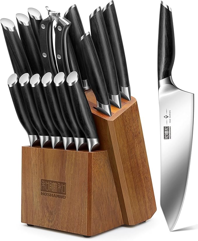 HOSHANHO 16-Piece Kitchen Knife Set with Block, Powder Steel High Carbon Steel Knife Block Set, Ultra Sharp Professional Chef Knife Set with Sharpener