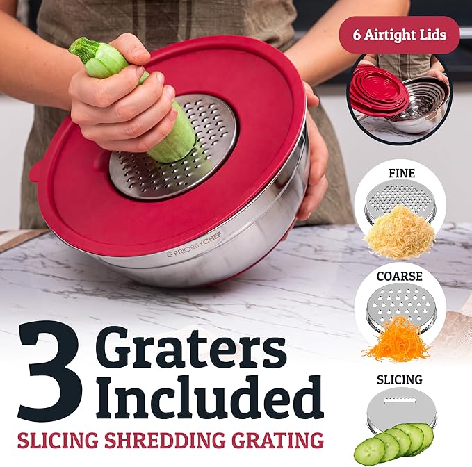 Priority Chef Stainless Steel Mixing Bowls with Lids Set - Premium 30Pcs with 6pc Metal Bowl Set for Kitchen, 3 Graters, Airtight Lids, Non-Slip Bases & Silicone Utensils, Red