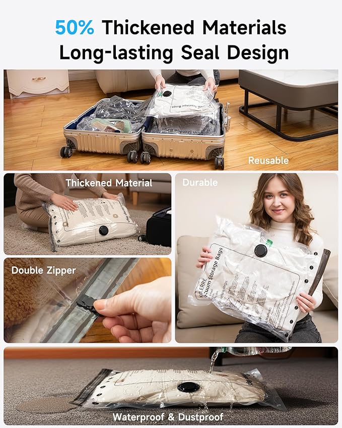 8 Pack Travel Vacuum Seal Bags with Rechargeable Electric Pump, 4 Sizes Space Saver Vacuum Storage Bags for Luggage, Suitcase & Home Organization, Reuseable Vacuum Seal Bags for Clothing