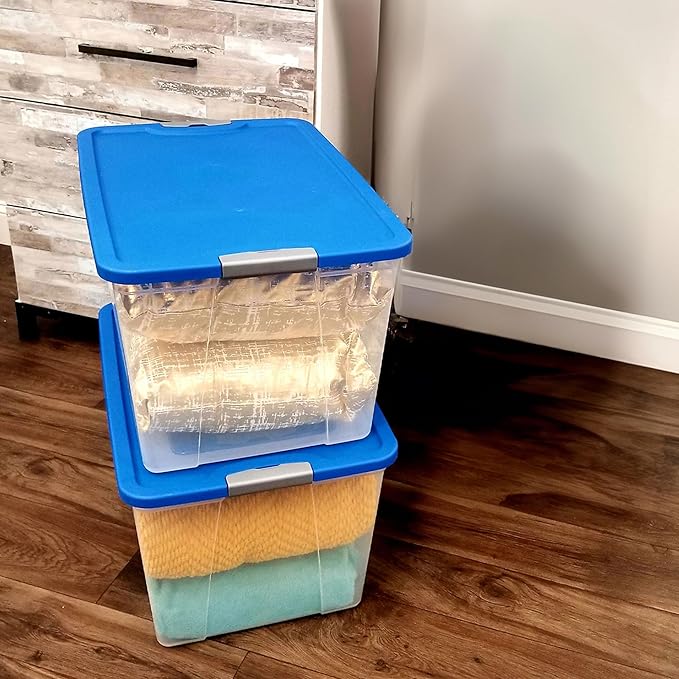 HOMZ 2-Pack Secure Latch, Clear Plastic Storage Organizer Bins, 64 Quart, Blue Lid - Stackable Container Boxes for Bedroom, Bathroom, Garage, and Office Organization